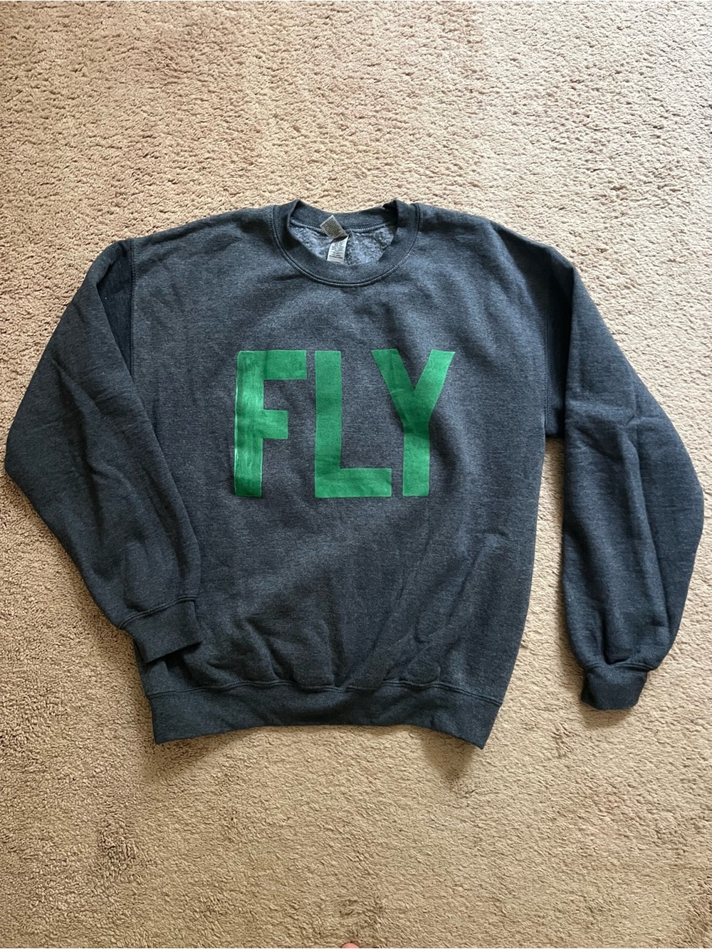 Gildan Dark Gray Crewneck Sweatshirt with Green FLY Graphic